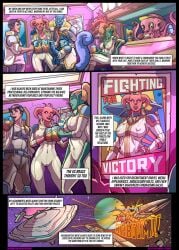 alien alien_girl alien_humanoid big_breasts cleavage comic_page english_text galaxy_of_scum page_2 purple_eyes red_skin sci-fi science_fiction skyfantasystudios spacesuit webcomic