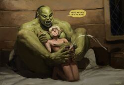 1girls big_dom_small_sub blonde_hair cum cumming cumshot dominant_female domination elf excessive_cum female female_on_femboy femboy femdom footjob green_skin holding_hands larger_female light-skinned_male male malesub mosaic_censoring muscular_female orc orc_female original smaller_male softdom toes ugly_female vkorg