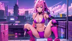 1girls ai_generated belly belly_button blue_eyes city_background cyberpunk cyberpunk_background female looking_at_viewer pink_bra pink_hair pink_panties shoes spread_legs squat_position squatting