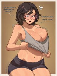 1girls breasts cleavage english_text female female_only glasses kessnio large_breasts midriff original original_character short_hair solo text thick_thighs thighs wide_hips