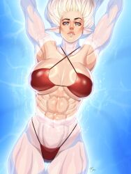 1girls abs absurd_res arii_(r62) armpits arms_up bikini blonde_hair blue_eyes breasts cleavage cleavage_cutout elf hi_res large_breasts muscular muscular_female navel obliques original parted_lips pointy_ears r62 red_bikini signature solo swimsuit