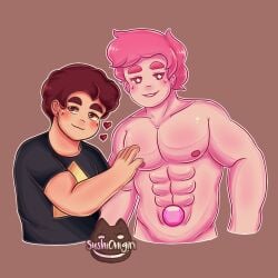 2boys abs blush chad_steven clothed diamond-shaped_pupils duo gay gem gem_(species) hair heart male male/male male_only muscular nipples nude pink_body pink_steven smile steven_quartz_universe steven_universe steven_universe_future upper_body