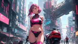 1girls ai_generated belly belly_button black_panties blue_eyes city_background cyberpunk cyberpunk_background female looking_at_viewer pink_hair standing