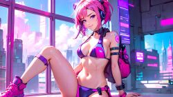 1girls ai_generated belly belly_button blue_eyes city_background cyberpunk cyberpunk_background female leg_up looking_at_viewer pink_hair shoes smiling smiling_at_viewer