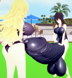 1futa 1girls 3d aroused back_view black_hair blonde_hair condom_suit crybabyfuta female futa_on_female futanari hands_on_penis huge_boobs huge_cock hyper hypnosis kaminashi_nozomi keijo!!!!!!!! koikatsu mio_kusakai pleasure_face pool swimsuit