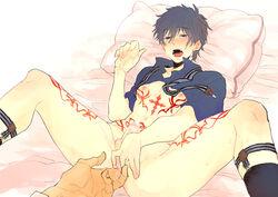 2boys abs anal anal_fingering anus ass blue_hair blush bottomless erect_nipples erection exposed_nipples fingers_in_ass gay gray_hair kekkai_sensen lying_on_back male_only mouth_open multiple_boys muscle nipples pecs penis red_eyes shirt_up short_hair sock_garters spread_legs steven_a._starphase suspenders sweat tattoos testicles undressing yaoi