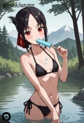 ai_generated bangs bare_arms bare_shoulders bikini black_bikini black_hair blush breasts collarbone day eating female folded_ponytail food hair_ribbon halterneck holding holding_food kaguya-sama_wa_kokurasetai_~tensai-tachi_no_renai_zunousen~ looking_at_viewer mountain nature navel outdoors parted_bangs pikkiwynn popsicle red_eyes red_ribbon ribbon rock shinomiya_kaguya short_hair side-tie_bikini_bottom sidelocks small_breasts smile solo swimsuit tree wading water wet