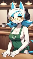 1girls ai_generated anthro apron_only autismmix_pony(model) bored breasts cafe female glitch_productions headphones karen_(smg4) sideboob smg4 stable_diffusion white_fur yellow_glasses