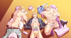 1boy abs ass bar_censor blonde_hair blue_eyes condom cum john_(tiger_&_bunny) keith_goodman looking_at_viewer male male_only muscle pecs penis socks tiger_and_bunny undressing