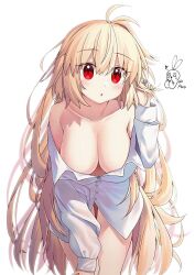 :o antenna_hair archetype_earth arcueid_brunestud aro_1801 artist_name bare_shoulders blonde_hair blush breasts buttons collarbone commentary_request female hair_between_eyes large_breasts long_hair long_sleeves looking_at_viewer naked_shirt off_shoulder red_eyes shirt simple_background single_hair_intake solo tsukihime very_long_hair white_background white_shirt