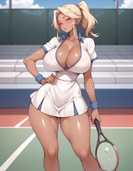 1girls ai_generated athletic athletic_female blonde_hair breasts_bigger_than_head full_body fully_clothed huge_breasts lewdwaifulaifu looking_at_viewer slim_waist tennis_court tennis_racket tennis_uniform thick_thighs thighs