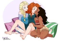 brave crossover curly_hair disney disney_princess elsa_(frozen) frozen_(film) interracial interracial_yuri kissing medium_breasts merida moana moana_waialiki multiple_females pacific_islander petite pixar polynesian redhead scottish small_breasts straight_hair teen teenage_girl teenager young yuri