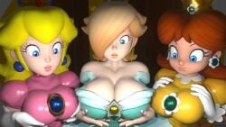 3d 3girls cleavage holding_breast infinit_eclipse large_breasts mario_(series) princess_daisy princess_peach princess_rosalina