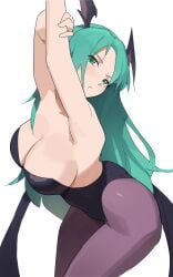 1girls bare_shoulders bat_wings big_breasts busty capcom cleavage darkstalkers green_eyes green_hair light-skinned_female light_skin morrigan_aensland succubus tight_clothing tlex022 wings