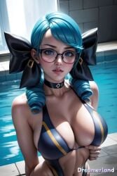 2d_(artwork) abdomen ai_generated arms_behind_back bare_shoulders belly big_breasts breasts breasts breasts choker clavicle cleavage coiled cute eyes eyes_open female female_focus female_only fingers fit_female from_above glasses glasses_on_face glasses_only gwen_(league_of_legends) hair hair_ribbon hd hd_(traditional) high_resolution highres hourglass_figure huge_breasts large_breasts league_of_legends league_of_legends:_wild_rift lips lipstick looking_at_viewer medium_hair medium_shot navel nose pool portrait riot_games seductive seductive_body seductive_look seductive_mouth shiny shiny_breasts shiny_clothes shiny_hair shiny_skin sideboob simple_background sky4maleja swimsuit upper_body waist water watermark