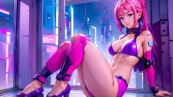 1girls ai_generated belly belly_button city_background cyberpunk cyberpunk_background female legs_up looking_at_viewer pink_eyes pink_hair shoes sitting support