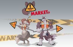 absurd_res anthro beefy breasts brown_hair canid canine canis clothing convention daddy duo female fraternity fur genitals grey_body grey_fur hair hi_res logo male mammal manly market mascot muscular pecs penis pussy security_vest topwear vest warning_sign warning_yiff wide_hips wolf worker yina_wolf zipperhyena