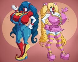 2girls bimbo_lips clown_girl clown_shoes eyeshadow female huge_ass huge_breasts implied_transformation lips makeup midriff multiple_girls navel revealing_clothes spiralingstaircase thick_lips thick_thighs wide_hips