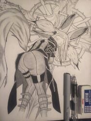 black_and_white dya_rikku_(vtuber) face_markings female fox_ears skin_tight traditional_art virtual_youtuber vyugen