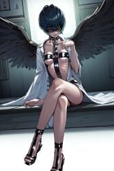 ai_generated angel_(megami_tensei) angel_(megami_tensei)_(cosplay) ankle_cuffs backlighting backlit black_wings blindfold bob_cut bondage_harness bondage_outfit breasts choker dark dark_blue_hair female grin grinning heels labcoat leather leather_harness leather_straps legs_crossed light-skinned_female light_skin nurse pale-skinned_female pale_skin persona persona_5 platform_heels shadows short_hair sitting sitting_on_bed small_breasts spiked_choker spiked_collar strappy_heels tae_takemi tugging_clothing tugging_collar wings