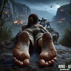 3d ai_generated aiming_weapon barefoot brown_hair caucasian caucasian_female dall-e3 dirty_soles feet female foot_fetish foot_focus full_color fully_clothed lara_croft laying_on_stomach mountain no_penetration sniper sniper_rifle solo solo_female tomb_raider