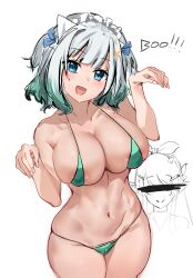 1girls bare_shoulders belly_button big_breasts bikini blue_eyes camel_toe cameltoe cleavage clothing das_(dan_dan) exposed_shoulders female ghost_girl ghost_pose gradient_hair green_bikini green_hair happy hi_res hidden_eyes highres indie_virtual_youtuber looking_at_viewer maid_headdress micro_bikini mint_fantome navel solo solo_female solo_focus speech swimwear text thick_thighs thighs twintails virtual_youtuber white_background white_hair