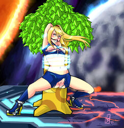 ball_gag blonde_hair blue_eyes blush bondage bound bound_arms breast_cutout breasts captured captured_heroine crotch_cutout defeated defeated_heroine domination exposed female femsub final_destination gag gagged hands_behind_head humiliation kidnapped metroid navel nintendo nipples poke_ball poke_ball_gag ponytail pussy pussy_juice restrained ripped_clothing samus_aran solo super_smash_bros. super_smash_bros._for_nintendo_3ds_and_wii_u tied_hair tied_to_tree torn_clothes uncensored worried