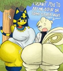 1boy 1girls angry animal_crossing ankha anothercat anthro anthro_on_anthro background erection erection_under_clothes female femboy furry futa_on_male futanari gigantic_ass huge_ass huge_breasts huge_cock hyper_ass imminent_sex male marshal_(animal_crossing) text