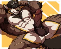 abs absurd_res accessory anthro arm_tattoo armpit_hair balls biceps black_sclera body_hair brown_body canid canine canis clothing cock_ring drks ear_piercing ear_ring erection eye_scar facial_scar footwear fur genitals hat hat_over_eyes headgear headwear hi_res humanoid_genitalia humanoid_penis jewelry male male_focus male_only mammal muscular muscular_male nipple_piercing nipple_ring nipples nude pecs penis penis_accessory penis_jewelry piercing pubes ring_piercing scar shoes simple_background socks solo tail tattoo teeth tongue warick_(drks) white_clothing white_footwear white_socks wolf yellow_body yellow_eyes yellow_fur