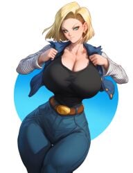 ai_generated android_18 black_shirt blonde_hair blue_jeans cleavage clothed_breasts clothed_female dragon_ball dragon_ball_z hourglass_figure huge_breasts looking_at_viewer massive_breasts opening_jacket short_hair thin_waist wide_hips