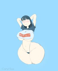 1girls artist_name blue_background blue_hair blush bottomless colored cona_(coryhen) coryhen_(artist) hands hands_behind_head huge_breasts mega_milk nose self_upload thick_thighs thong wide_hips