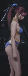 1girls 3d asian_female ass bikini blue_bikini bra_strap curvy eve_(stellar_blade) female gameplay gameplay_screenshot glasses hips large_breasts light-skinned_female ponytail red_hair side_view solo stellar_blade thighs yellow_stripes