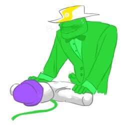 1boy 2013 2d 2d_artwork alien alien_boy alien_humanoid aroused aroused_smile bowler_hat bowtie business_suit closed_eyes color cum effigy formal_wear gay homestuck male male_focus male_only ms_paint_adventures penis penis_out plush plushophilia precum purple_hat stitch_(homestuck) stitches suit sweat sweatdrop sweating voodoo_doll zillywhores