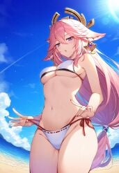 1girls ai ai_generated alternate_costume beach belly_button big_breasts bikini bra clouds day female female_focus female_only finasu fox_girl genshin_impact high_resolution highres hourglass_figure hoyoverse light-skinned_female light_skin long_hair looking_at_viewer low-angle_view mature mature_female mihoyo multi-strapped_bikini ocean outdoors pink_hair purple_eyes sand sky solo solo_female standing sun swimsuit thong thong_aside thong_bikini two_piece_swimsuit water white_bikini yae_miko