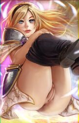 :q anus ass blonde_hair blue_eyes female hairband highres league_of_legends long_hair luxanna_crownguard pants_pull pussy robert_knight solo tongue tongue_out uncensored