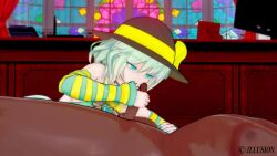 1boy 1girls 3d 3iicsgjj alternate_costume animated black_hat dark-skinned_male green_eyes green_hair handjob indoors koikatsu koishi_komeiji komeiji_koishi looping_animation penis short_hair straight tagme touhou ugoira video