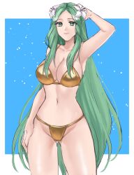 1girls alternate_costume arm_up armpits ass_visible_through_thighs bare_arms bare_shoulders breasts cleavage cowboy_shot female female_only fire_emblem fire_emblem:_three_houses flower gold_bikini gold_swimsuit green_eyes green_hair groin hair_flower hair_ornament hazuki_(nyorosuke) highres large_breasts long_hair navel nintendo rhea_(fire_emblem) solo standing stomach thighs very_long_hair white_flower yellow_bikini yellow_swimsuit