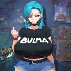 ai_generated blue_eyes breasts_bigger_than_head bulma_briefs bulma_briefs_(garlic_jr_saga) cigarette dragon_ball dragon_ball_z ear_piercing earrings huge_breasts middle_finger self_upload smoking tagme