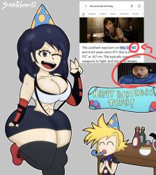 1boy 1girls 2d 2d_(artwork) abs birthday birthday_hat birthday_party bite_of_87 black_hair black_skirt blonde_hair breasts clothed cloud_strife female final_fantasy final_fantasy_vii fingerless_gloves gloves huge_breasts huge_thighs long_hair male markiplier massive_breasts meme peace_sign red_boots small_waist susielover12_(artist) suspenders thighhighs thighs tifa_lockhart white_shirt