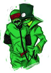 2013 2boys 2d 2d_artwork alien alien_boy alien_humanoid ball_gag blindfolded bondage collar color crowbar_(homestuck) die_(homestuck) fully_clothed fully_clothed_male gay green_skin half_naked hands_behind_back homestuck leash leashed leashed_collar male male/male male_focus male_only mikkynga ms_paint_adventures submissive submissive_male the_felt top_hat yaoi