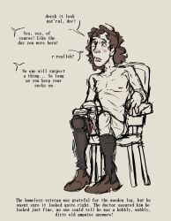 1boy 2boys amputated_leg amputee bad_health billy_boggs brown_hair civil_war conversation deceit deceiving digital_drawing_(artwork) digital_media_(artwork) doctor doctor_on_patient employment_issues english english_text heterochromatic_eyes heterochromia homeless homeless_male homeless_veteran ill_male limited_color limited_palette long_hair long_hair_male long_socks low_intelligence male male/male male_focus male_only malpractice mercury_poisoning messy_hair mr_shrink naked naked_male original original_character original_characters poor_health prosthetic prosthetic_leg prosthetic_limb sad sadism shoes shoes_only sketch skinny socks socks_and_shoes socks_and_shoes_only socks_only stockings stockings_only stupid stupid_looking stupid_male tricked tricked_into_exposure tricking unhappy unhealthy useless_male useless_veteran veteran war_veteran wooden_leg worried worried_expression