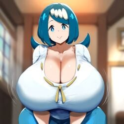 ai_generated ameanon big_breasts blue_eyes blue_hair breasts breasts_bigger_than_head cleavage gigantic_breasts hands_on_own_thighs hands_on_thighs huge_breasts lana's_mother_(pokemon) large_breasts nintendo pokemon t-shirt wide_hips