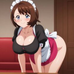 ai_generated arms_at_sides bangs bent_over big_breasts black_crop_top blush brown_hair busty cleavage creatures_(company) curvy facing_viewer female female_only game_freak gloria_(pokemon) hi_res highres maid maid_apron maid_headdress maid_uniform nintendo pokemon pokemon_(game) pokemon_ss pokemon_trainer pony_diffusion_xl seraphim_ai smile solo stable_diffusion thick_thighs