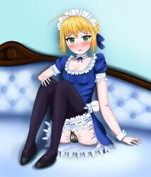 1girls absurdres artoria_pendragon_(fate) blonde_hair chastity chastity_belt chastity_device choker dress fate/stay_night fate_(series) female female_chastity female_only fully_clothed green_eyes highres maid maid_headdress maid_uniform non-web_source saber_(fate) snowwart stockings tagme uniform