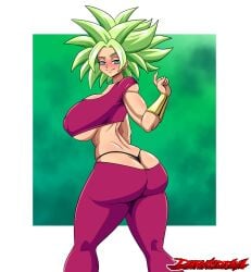 1girls ass ass_focus avalewds big_breasts blue_eyes breasts darksideava dragon_ball dragon_ball_super female female_only fusion green_hair kefla large_breasts legendary_super_saiyan legs long_legs panties potara_earrings potara_fusion sex_invitation smile solo super_saiyan super_saiyan_2 thong