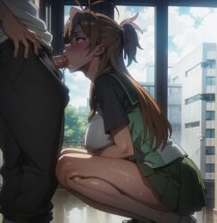 ai_generated blush brown_eyes brown_hair fellatio highschool_of_the_dead long_hair looking_at_partner male/female outside penis rei_miyamoto saliva school_uniform schoolgirl sitting skirt stable_diffusion sucking sweat tongue tongue_out