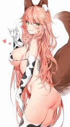 absurdres animal_ear_fluff animal_ears animal_print ass bangs bare_shoulders bikini blush bottomless breasts commentary_request cow_print cowboy_shot elbow_gloves fate/extra fate_(series) female fox_ears fox_girl fox_shadow_puppet fox_tail from_side gloves hair_between_eyes heart highres holding_strap large_breasts long_hair looking_at_viewer looking_to_the_side pink_hair print_bikini print_gloves print_legwear sideboob silver_(chenwen) simple_background smile solo standing string_bikini swimsuit tail tail_raised tamamo_no_mae_(fate) thick_thighs thighhighs thighs very_long_hair white_background yellow_eyes