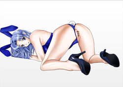 all_fours anus asakura_ryouko ass blue_eyes blue_hair bunny_ears bunny_tail bunnysuit censored female from_behind high_heels jellyfish_(artist) long_hair looking_back pussy simple_background solo suzumiya_haruhi_no_yuuutsu