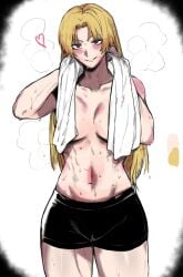 1girls belly blonde_hair blush breasts breasts_out color color_edit jujutsu_kaisen manga masoq095 shorts solo_female sweat sweatdrop thick_thighs thighs topless towel towel_around_neck yuki_tsukumo