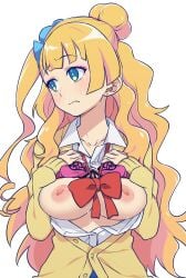 blonde_hair bra_lift breasts_out galko gyaru large_breasts looking_away morisobo open_shirt oshiete!_galko-chan school_uniform scrunchie tearing_up